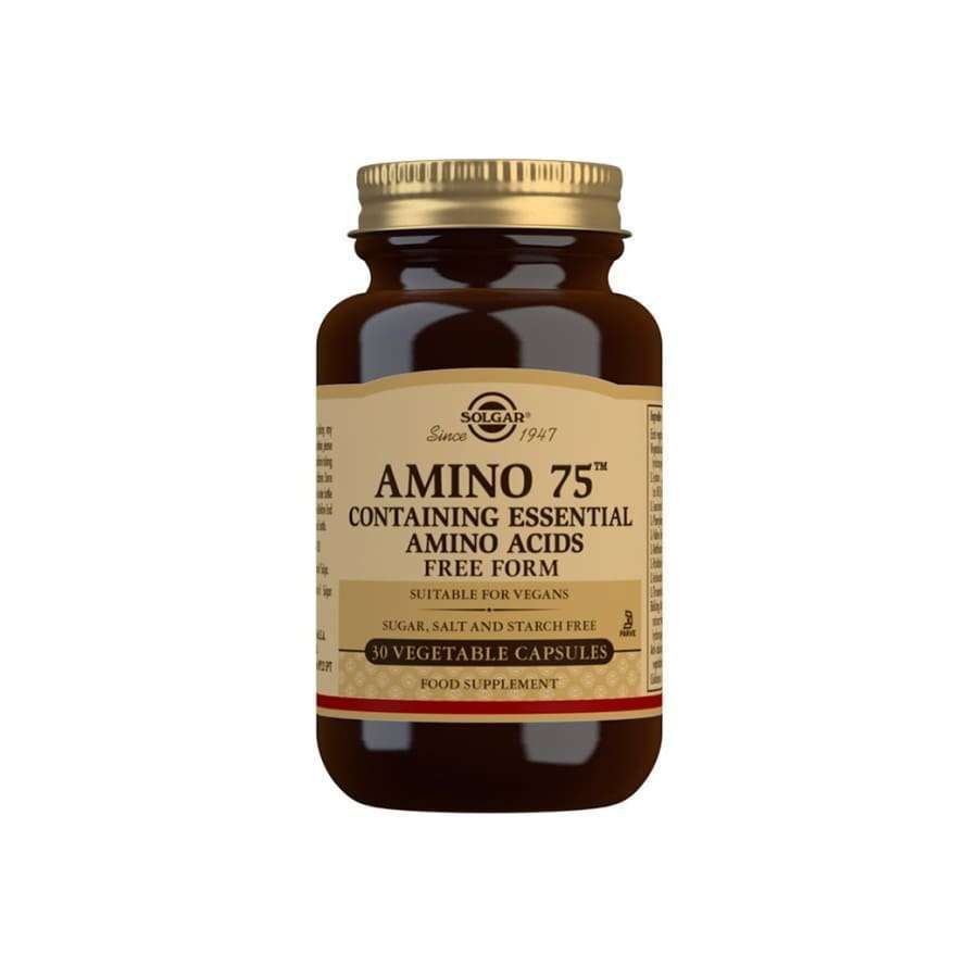 Solgar Amino 75 -pullo, ruskea lasipullo kultaisella mattakorkilla; kasviskapselit, L-lysiini, vegaaninen
