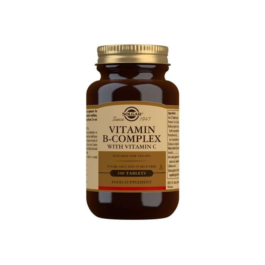 Solgar B-Complex + C-vitamiini -pullo, ruskea lasipullo kultaisella kierrekorkilla; 100 tablettia, vegaaninen