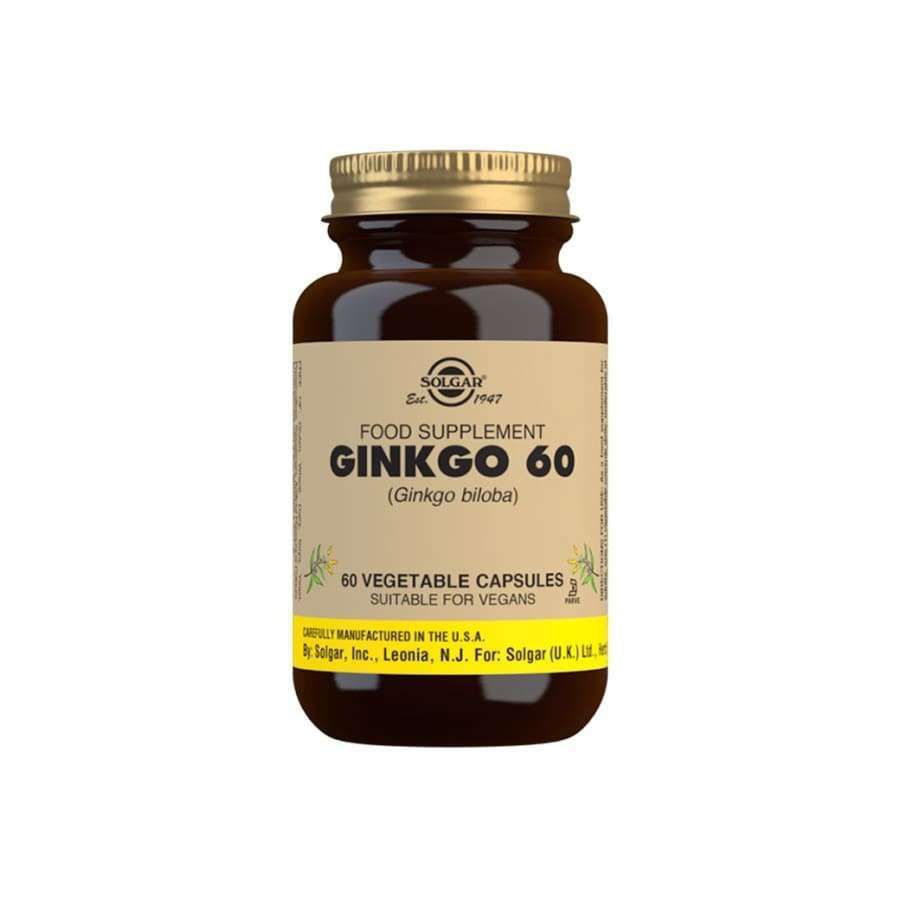Solgar Ginkgo 60 -pullo, ruskea lasi, kultainen muovikierrekorkki, kiiltäväpinta; kermanvärinen etiketti musta-kultaisella antiikvatekstillä, 60 kasviskapselia, vegaaninen