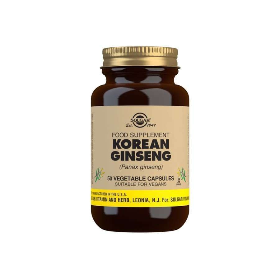 Solgar Korean Ginseng (Panax ginseng) -pullo, ruskea lasi, matta beige-kultainen etiketti; musta antiikvateksti, 50 kasviskapselia, vegaaninen