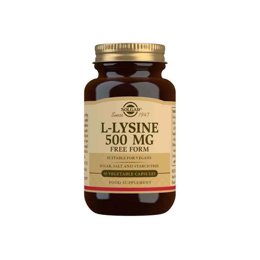 Solgar L-Lysiini 500 mg -pullo, ruskea, kultainen metallikierrekorkki; kulta-beige väritys, lihavoitu antiikvateksti, free form, 50 kasviskapselia, vegaaninen, sokeriton, suolaton ja tärkkelyksetön