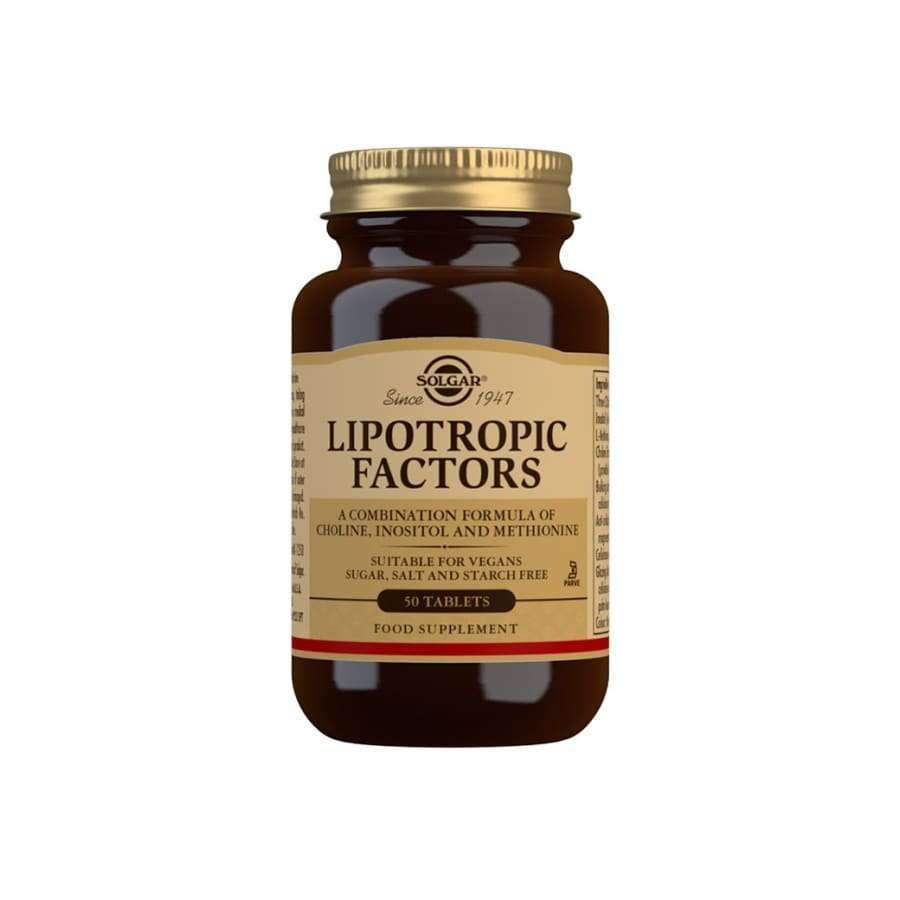 Solgar Lipotropic Factors -pullo, ruskea, mattapinta, kultainen kierrekorkki; beige etiketti tummalla antiikvatekstillä, koliini, inositoli ja metioniini pääainesosina, 50 tablettia, vegaaninen