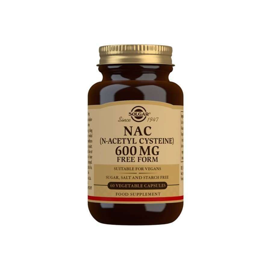 Solgar N-Asetyylikysteiini (NAC) 600 mg -pullo, ruskea, kultainen kierrekorkki, mattapinta; musta-kultainen antiikvateksti, 60 kasviskapselia, vegaaninen, sokeriton, suolaton ja tärkkelyksetön