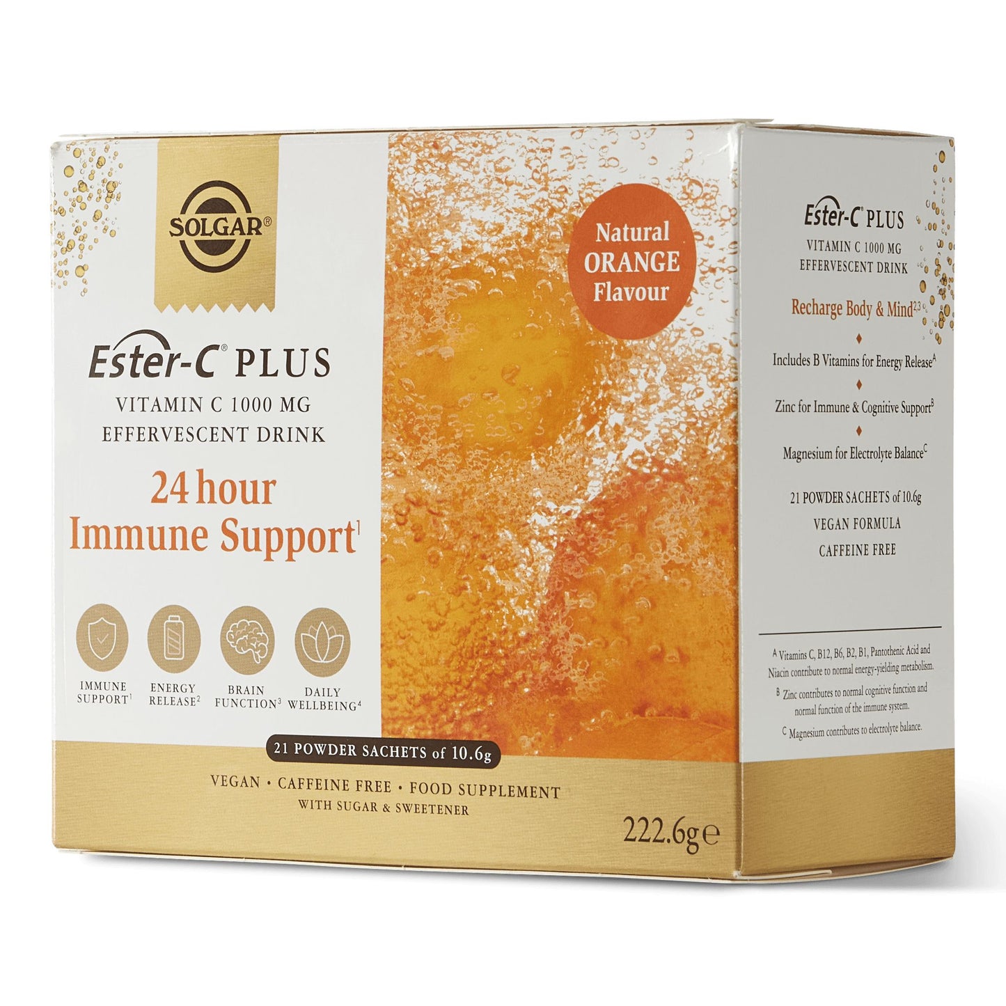 Solgar Ester-C® Plus Vitamin C 1000 mg elektrolyyttijuomajauhe; pakkauksen etusivu oranssinsävyisenä, teksti "24-Hour Immune Support"; kuvakkeet vegaaninen, kofeiiniton ja Non-GMO; luonnollinen appelsiinin maku.
