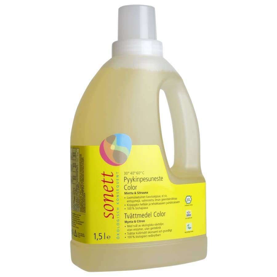 Sonett Color Pyykinpesuneste -pullo, 1,5 l, valkoinen mattamuovi, kahva, keltainen etiketti useilla kielillä; ekomerkit ja groteskiteksti