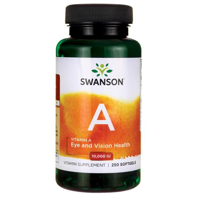 A bottle of Swanson Vitamin A softgels labeled for eye and vision health, featuring 250 easy-to-swallow softgels with 10,000 IU per serving. The bottle is plastic with a glossy dark green finish and a gold cap. The rectangular front label uses clear, bold sans-serif text and includes brand name, vitamin specifics, dosage, quantity, and intended use. Product is photographed against a plain white background in a centered shot without people or hands present.