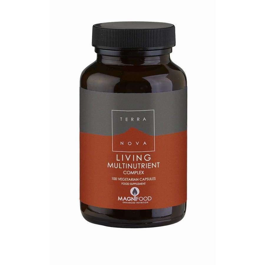 Terranova Living Multinutrient Complex -pullo, Magnifood, 100 kasvikapselia; tummanruskea mattapintainen sylinterinmuotoinen pullo mustalla muovikorkilla, etiketissä valkoinen lihavoitu groteskiteksti vihreällä ja punaisella pohjalla