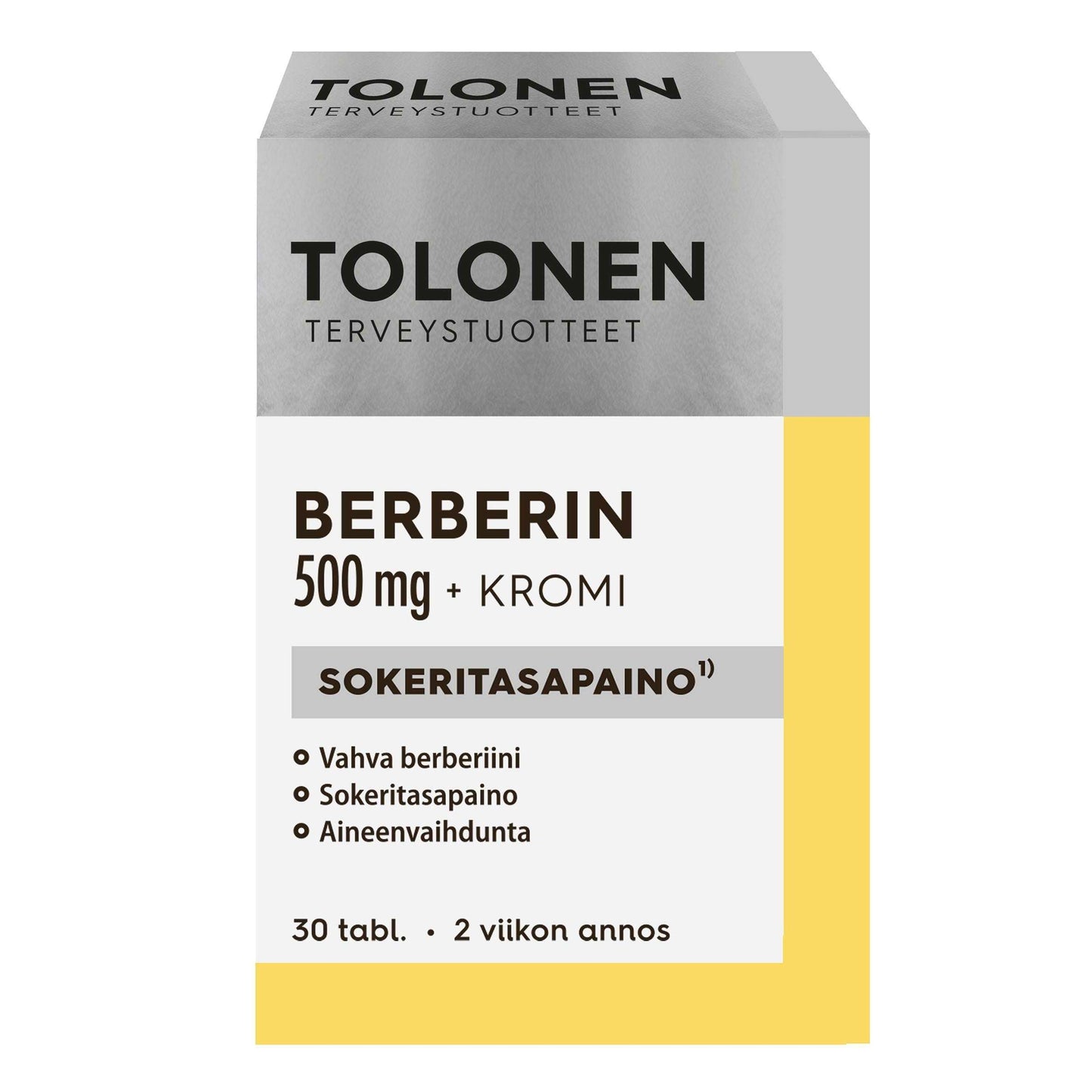 Tolosen ravintolisärasia merkinnällä Berberin 500 mg + Kromi, suomenkielisin tekstein. Suorakulmainen pahvipakkaus, pääosin valkoinen ja keltainen mustin ja oranssein painatuksin. Mattapinta. Keskeinen tieto kromipitoisuudesta ja annostuksesta näkyy etupaneelissa lihavoidulla sekaisin isoin ja pienin kirjaimin kirjoitetulla pääteviivattomalla fontilla. Neutraali tausta, tuote kuvattu edestäpäin.