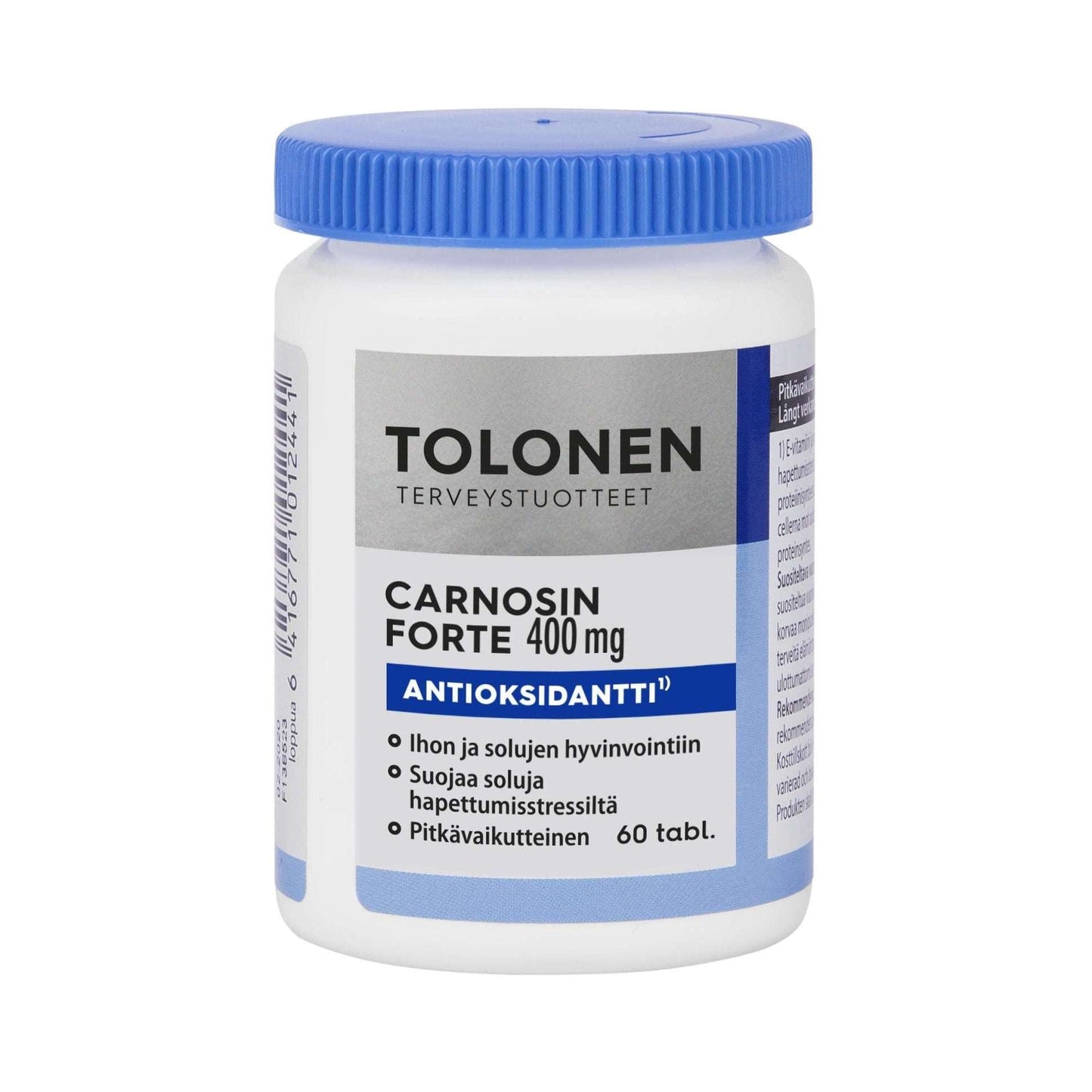 Tolonen Carnosin Forte 400 mg -pullo, valkoinen, kirkkaansininen kierrekorkki, suomenkielinen teksti antioksidanteista ja sinkistä, 60 tablettia; mattapinta