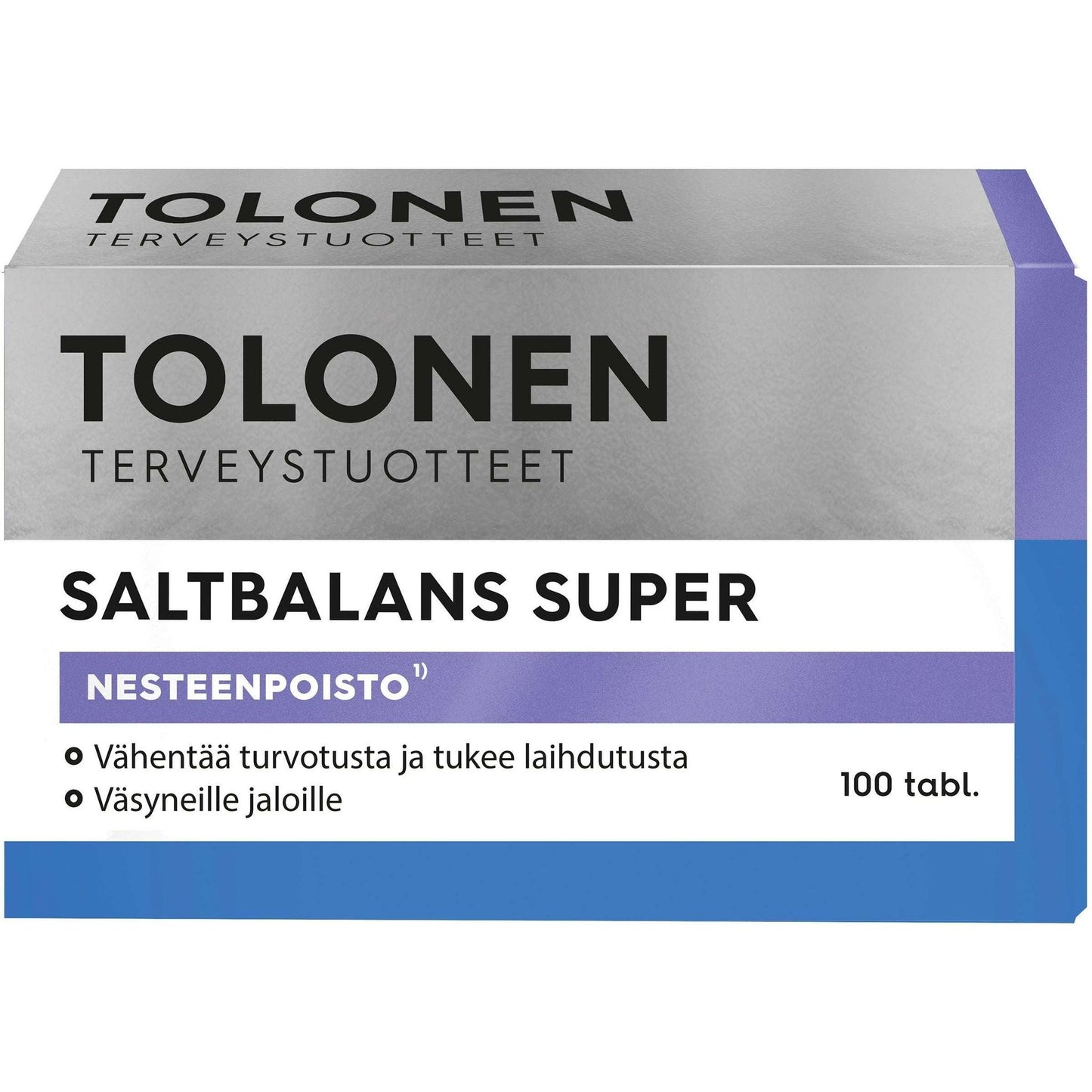 Tolonen Saltbalans Super -pakkaus, hopeanharmaa, violetti ja sininen väritys mattapinnalla; suorakulmainen pahvipakkaus lihavoidulla tekstausvapaalla typografialla; suomenkielistä tekstiä painonpudotuksen ja väsyneiden jalkojen helpotuksen tueksi; etiketissä "100 tabl."; tausta valkoinen; ei ihmisiä tai käsiä näkyvissä; pakkaus sisältää 100 tablettia turvotuksen vähentämisen tueksi.