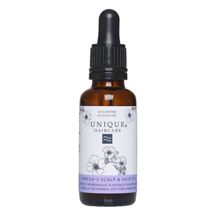 Unique Haircare Omega-3 Hiusöljy, ruskea lasinen tippapullo mustalla kierrekorkilla, kukkakuvitus; silikoniton ja alkoholiton, sopii normaaleille ja kuiville hiuksille