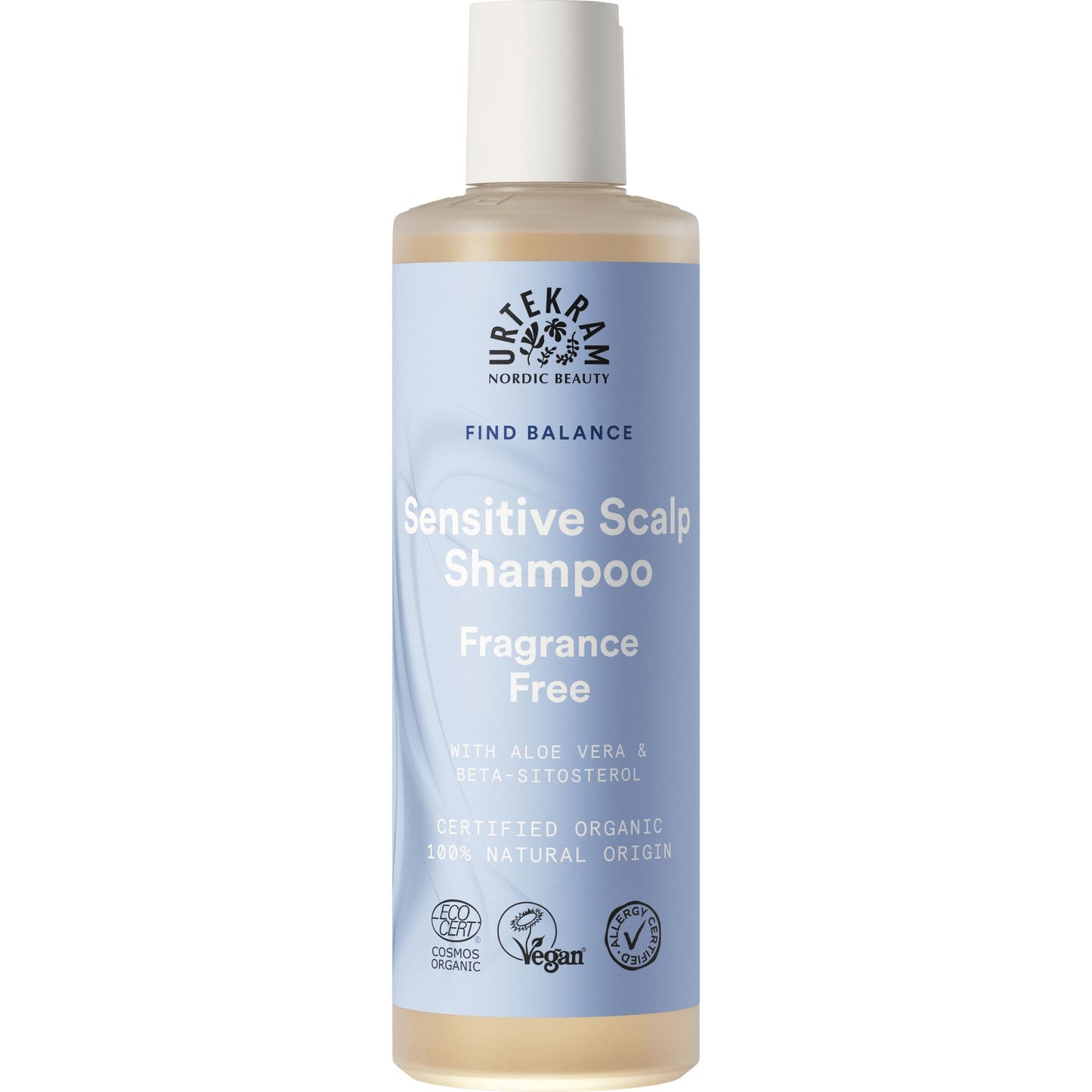 Urtekram Find Balance Fragrance Free Shampoo; pullo mattapintaisena pumppuannostelijalla, sylinterinmuotoinen; etiketissä musta ja vaaleansininen groteskiteksti kertoo aloe veran ja beetasitosterolin sisällöstä sekä vegaani- ja COSMOS-luomusertifioinnista; valkoinen tausta, ei ihmisiä kuvassa.