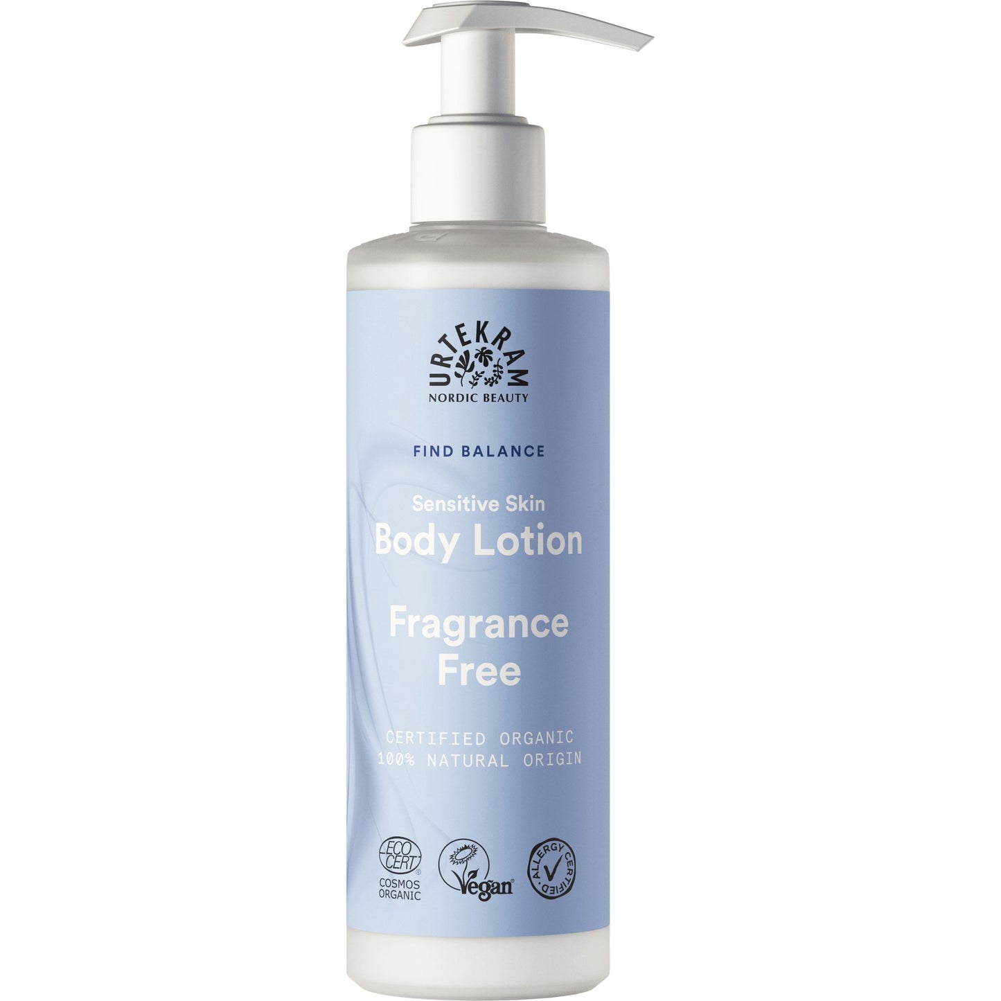Urtekram Find Balance Fragrance Free Vartalovoide; pullo pumppuannostelijalla, sylinterinmuotoinen opaakkia muovia mattapintaisena; etiketin teksti eri painoisin groteskikirjaimin kertoo tuotteen olevan tuoksuton, luomusertifioitu, vegaaninen ja 100-prosenttisesti luonnollista alkuperää; vaalea tausta, ei ihmisiä tai käsiä kuvassa.