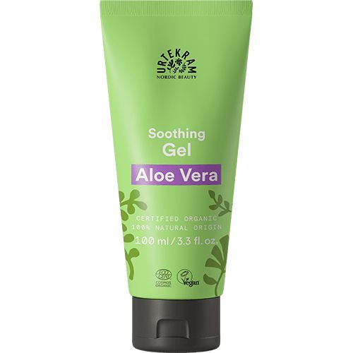 Urtekram Aloe Vera Geeli -tuubi, vihreä, 100 ml, mattapintainen muovi; valkoinen-musta groteskiteksti, sertifioitu luomu, vegaaninen, 100 % luonnollinen alkuperä
