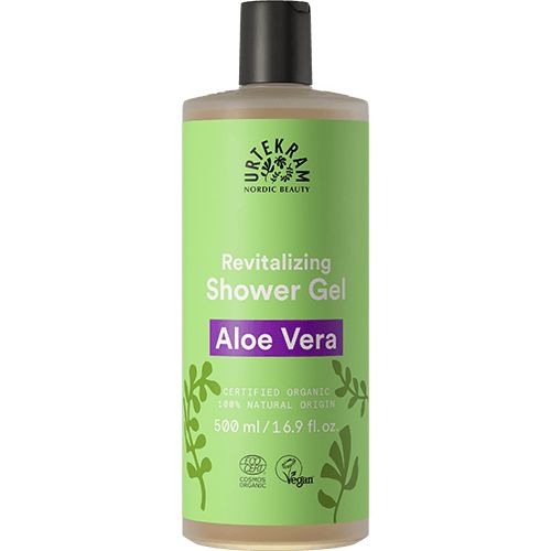 Urtekram Aloe Vera Suihkusaippua -pullo, 500 ml, vihreä etiketti, luomu- ja vegaanimerkit; sylinterinmuotoinen puolikuultava valkoinen muovipullo, kiiltäväpinta, tasainen korkki, valkoinen-hopeinen groteskiteksti