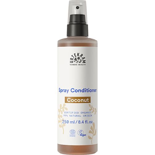 Urtekram Kookos Spray Hoitoaine (Nordic Beauty) -pullo, 250 ml, vaaleanbeige mattamuovi, hopea-valkoinen suihkusuutin; luomu- ja vegaanimerkit, selkeä groteskiteksti