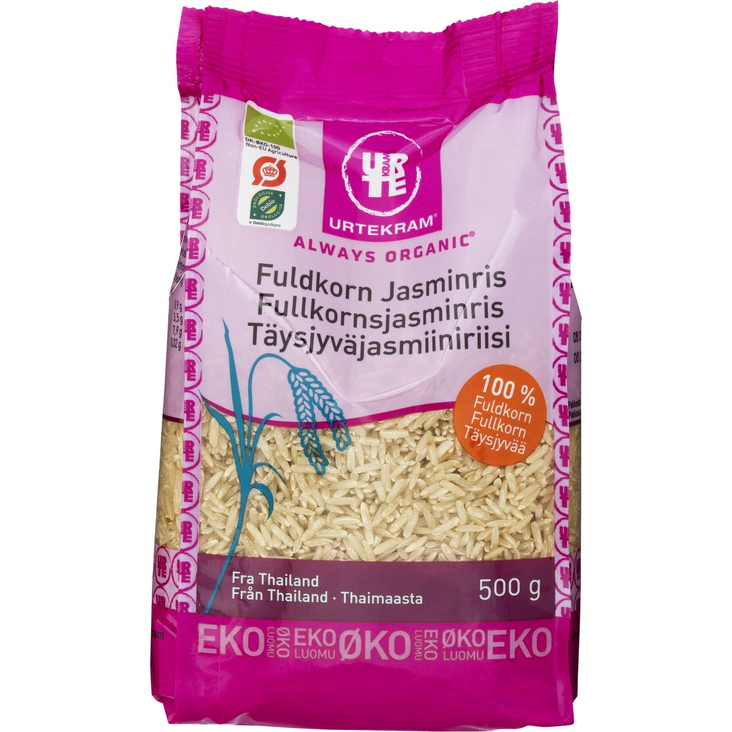 Urtekram Luomu Jasmiiniriisi täysjyvä -pussi, 500 g, vaaleanpunainen-violetti, riisinjyviä ja -tähkiä kuvassa, teksti useilla kielillä; mattapintainen pystysuora pakkaus, suuri groteskiteksti tuotenimelle