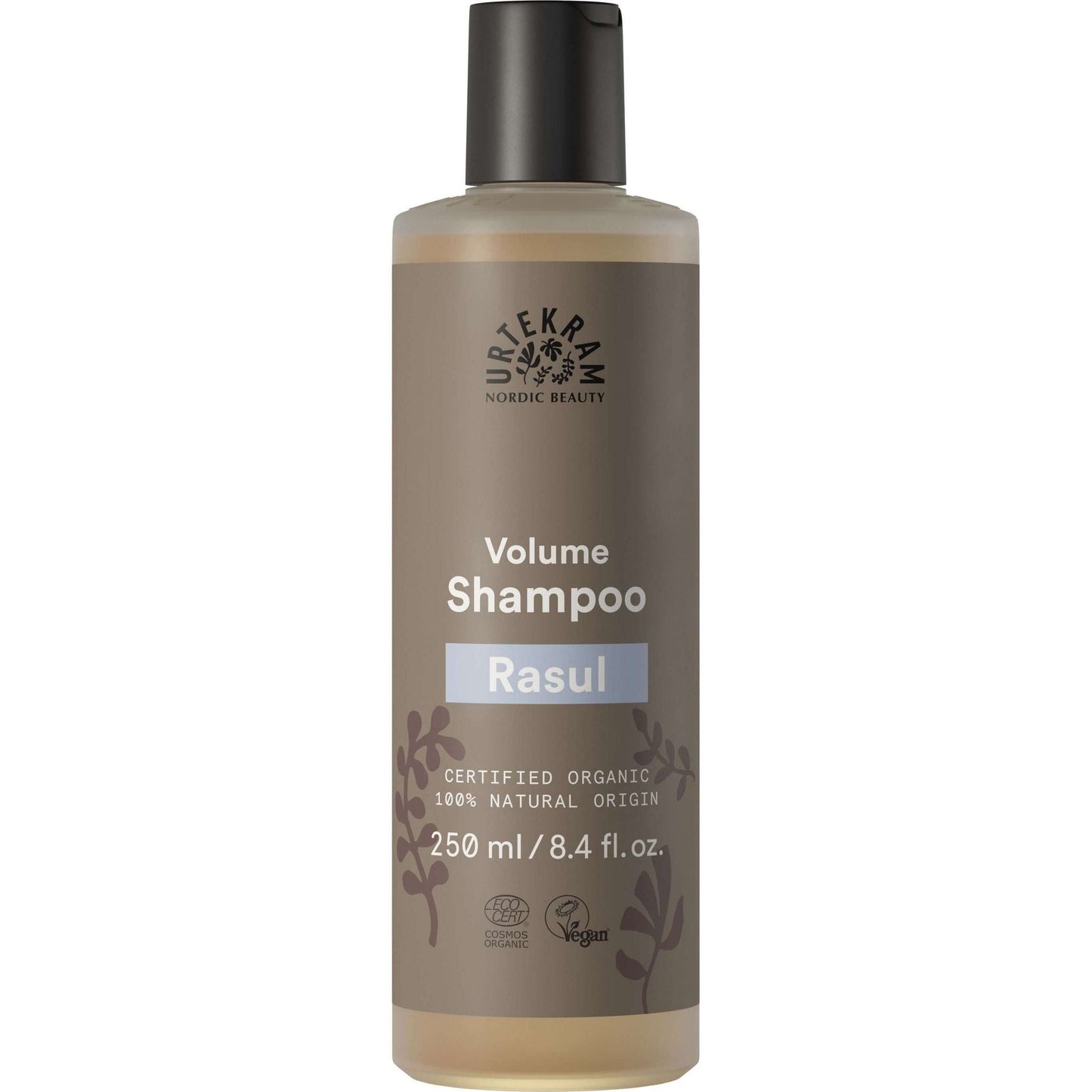 Urtekram Nordic Beauty Volume Shampoo Rasul, 250 ml muovipullo läpinäkyvällä läppäkorkilla; ruskea-beige etiketti, luomu- ja vegaanimerkinnät