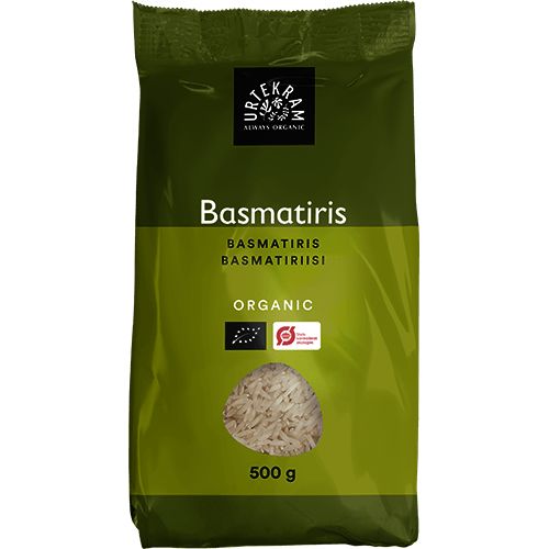 Urtekram Luomu Basmati valkoinen riisi -pussi, 500 g, vihreä, kirkas ikkuna näyttää riisin; mattapintainen pystysuora pussi, pohja levittyy, valkoinen groteskiteksti