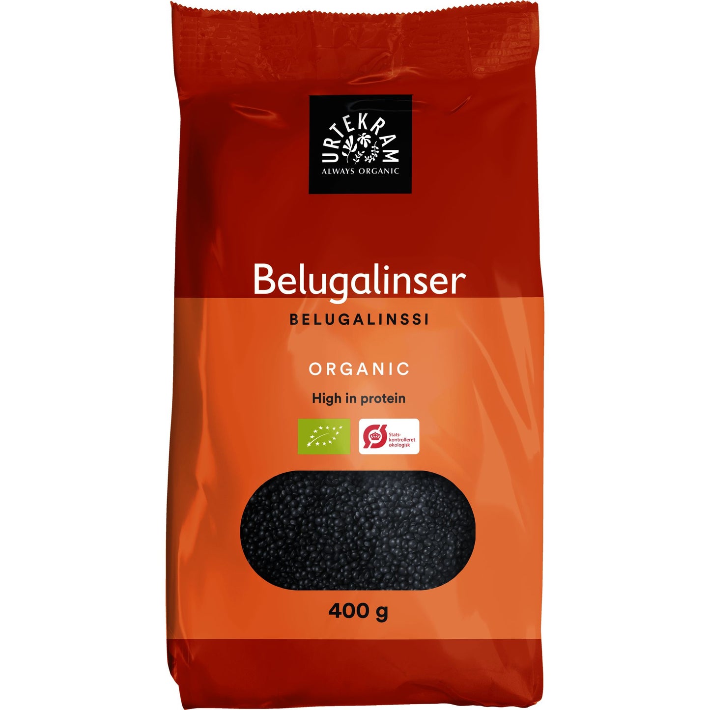 Urtekram Luomu Belugalinssi -pussi, 400 g, punainen, kirkas ikkuna näyttää mustat linssit; suorakulmainen mattapintainen pakkaus, valkoinen-musta groteskiteksti, sertifiointimerkit etupuolella