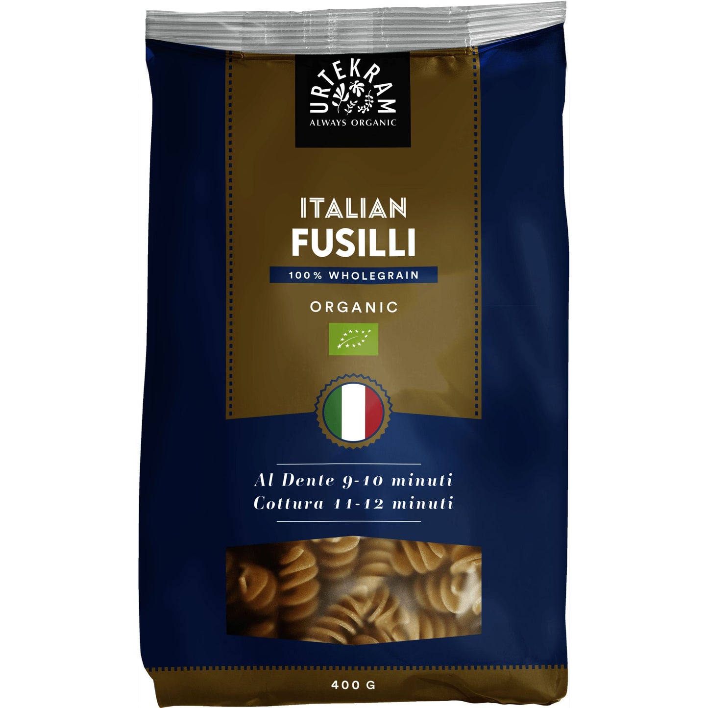Urtekram Luomu Fusilli -pakkaus, 400 g, italialainen täysjyväpasta, kirkas ikkuna näyttää pastan, Italian lippu, keittoajat merkitty; sininen-kultainen mattapintainen pakkaus, groteskiteksti