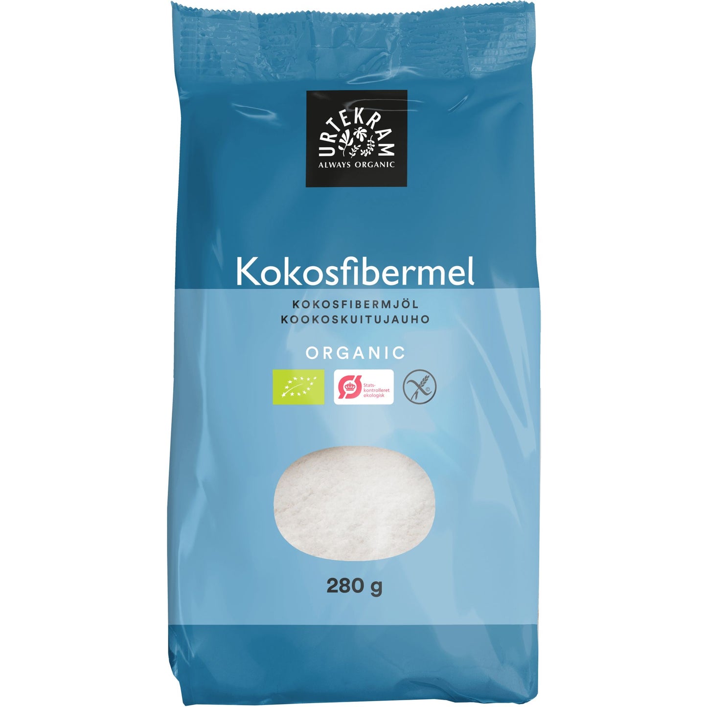 Urtekram Luomu Kookoskuitujauho -pakkaus, 280 g, sininen, kirkas ikkuna näyttää valkoisen gluteenittoman jauhon; joustava suorakulmainen pussi, mattapinta, musta-valkoinen groteskiteksti, pieni pyöreä vihreä logo alaosassa