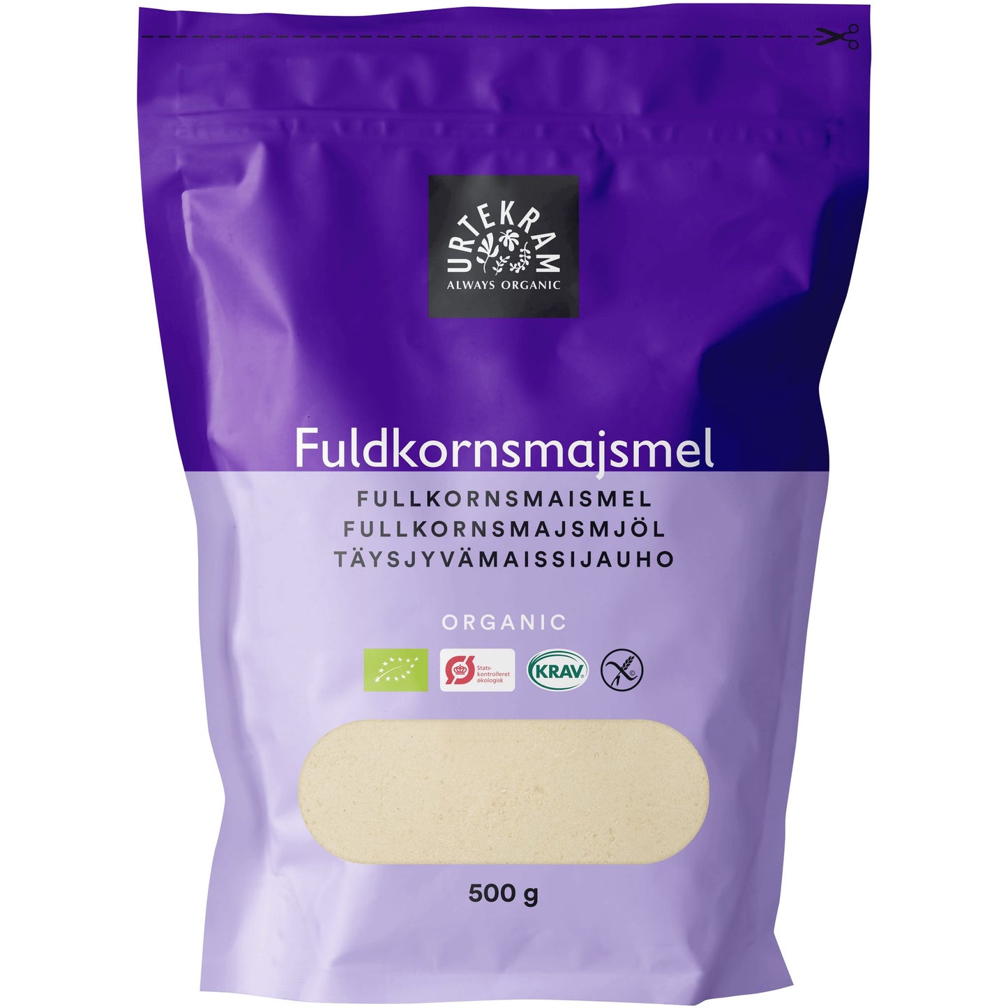 Urtekram Luomu Täysjyvämaissijauho -pussi, 500 g, violetti, teksti useilla kielillä ja luomumerkit; mattapintainen pystysuora pakkaus, valkoinen-musta groteskiteksti, vihreät sertifiointimerkit