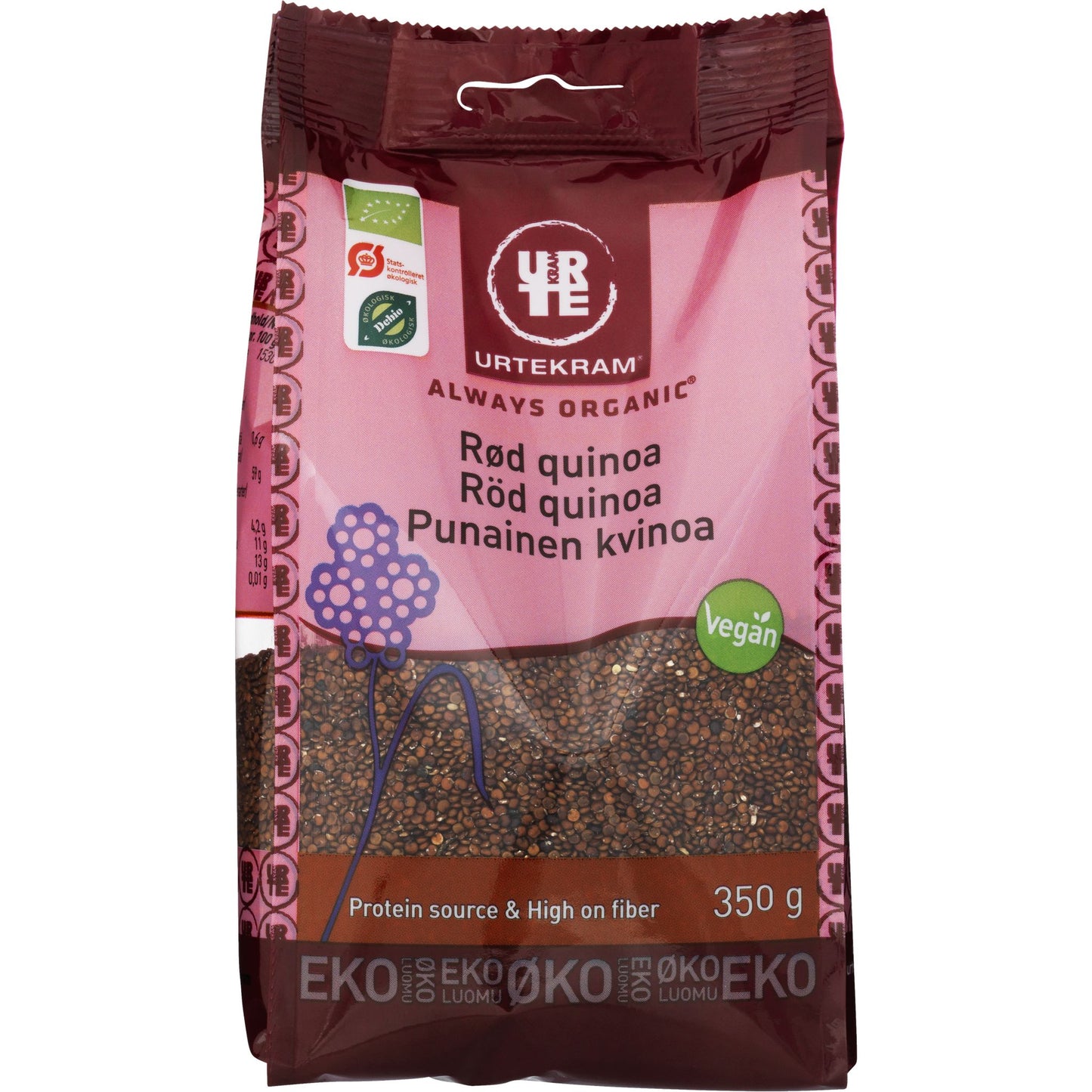 Urtekram Luomu Punainen kvinoa -pussi, 350 g, violetti koristelu, vegaanimerkki, teksti useilla kielillä; mattapintainen muovipussi, lihavoitu groteskiteksti valkoisella pohjalla