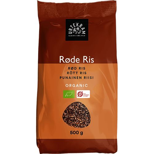 Urtekram Luomu Punainen riisi -pakkaus, 500 g, ruskea-oranssi, useita kielitekstejä ja sertifiointimerkkejä; suorakulmainen muovipussi, mattapinta, lihavoitu groteskiteksti
