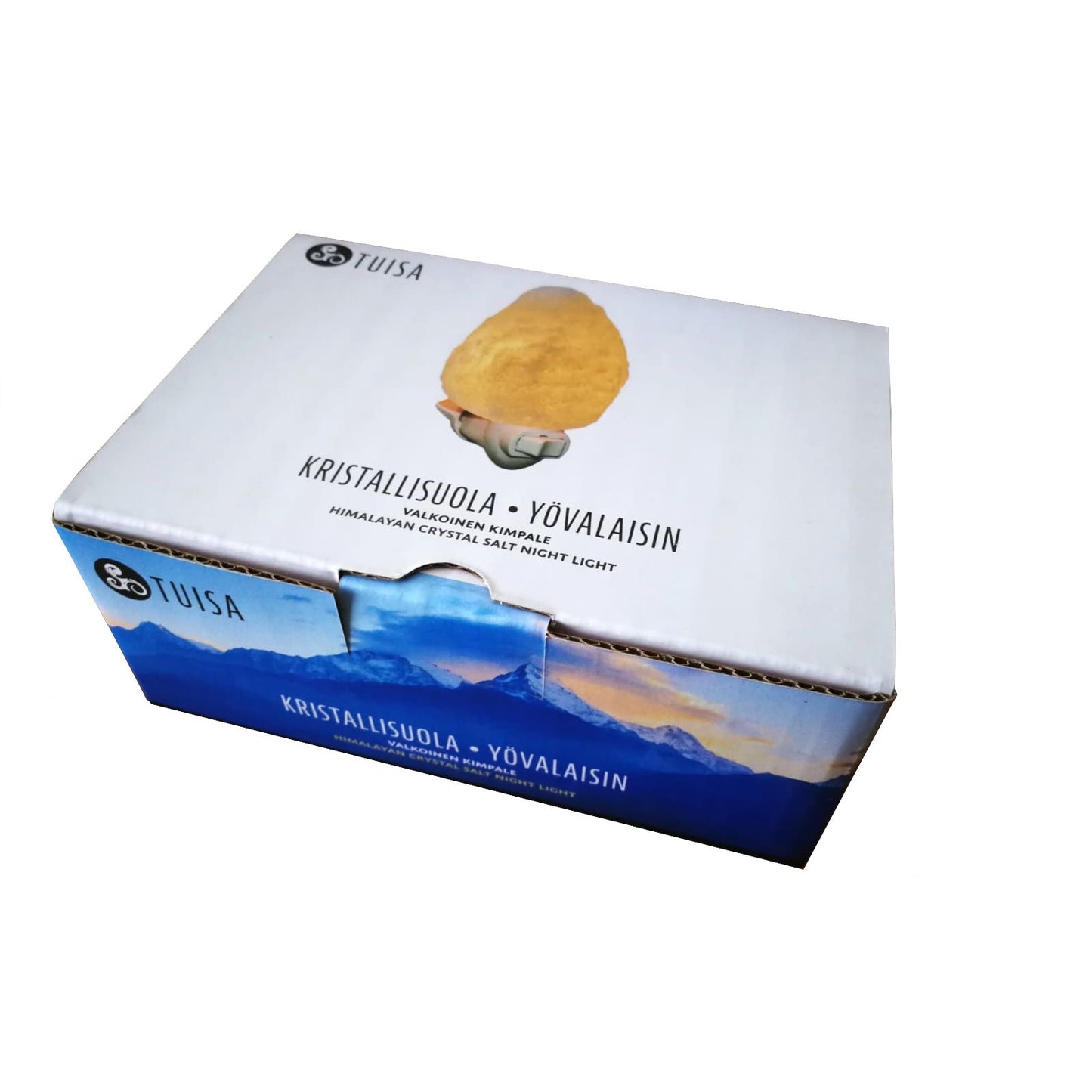 A rectangular box labeled Kristallisuola Yövalaisin with an image of a Himalayan crystal salt night light on the lid, set against a crisp white background. The box is cardboard with a matte finish and sharp corners. Printed text appears in clear sans-serif font, dark against the lighter surface. No people or hands are visible in the shot; no additional objects are present.