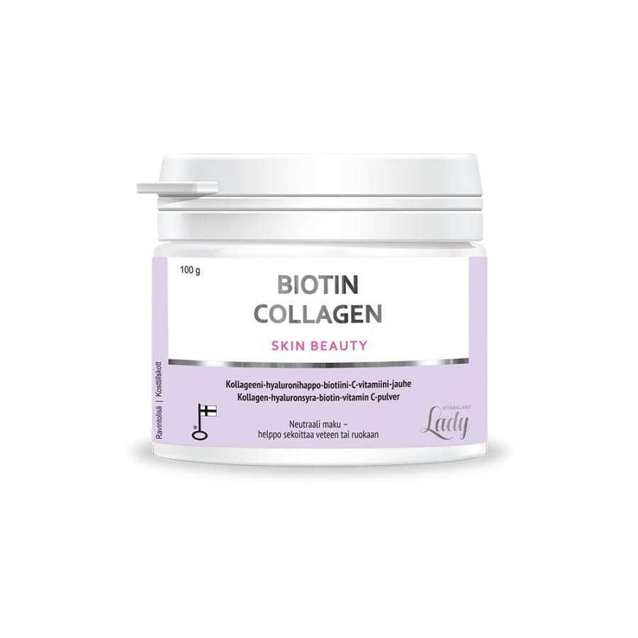 Biotin Collagen Skin Beauty -ravintolisäjauhe; valkoinen ja laventelinvärinen purkki kierrekannella, etiketissä kollageenipitoista tuotetietoa ja kuvakkeita; lieriömäinen muovipurkki, mattapinta, pääosin laventeli yläosassa häivittyen valkoiseksi alaosassa; groteskityyppiä; vaalea tausta, ei ihmisiä.