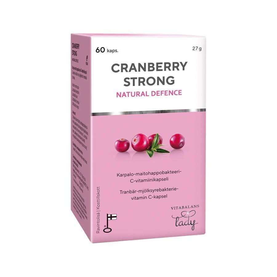 Cranberry Strong Natural Defence -kapselit, 60 kpl; vaaleanpunainen ja valkoinen pahvipakkaus mattapinnalla; etusivulla painettuja kuvia karpaloista; suomen- ja ruotsinkielistä tekstiä luonnollisesta puolustuksesta groteskifontilla; ei ihmisiä tai käsiä; vaalea tausta, kuvattu suoraan pakkauksen etuosaan.