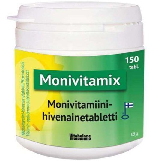 Vitabalans Monivitamix; monivitamiinitablettipurkki suomenkielisin tekstein, pieni Suomen lipun symboli ja keltavihreä etiketti; pohjoismainen ravintolisä sisältää 150 tablettia, valkoinen kansi; lieriömäinen muovipurkki mattapinnalla; teksti modernilla groteskifontilla; tuote yksin vaalealla, kevyellä taustalla.