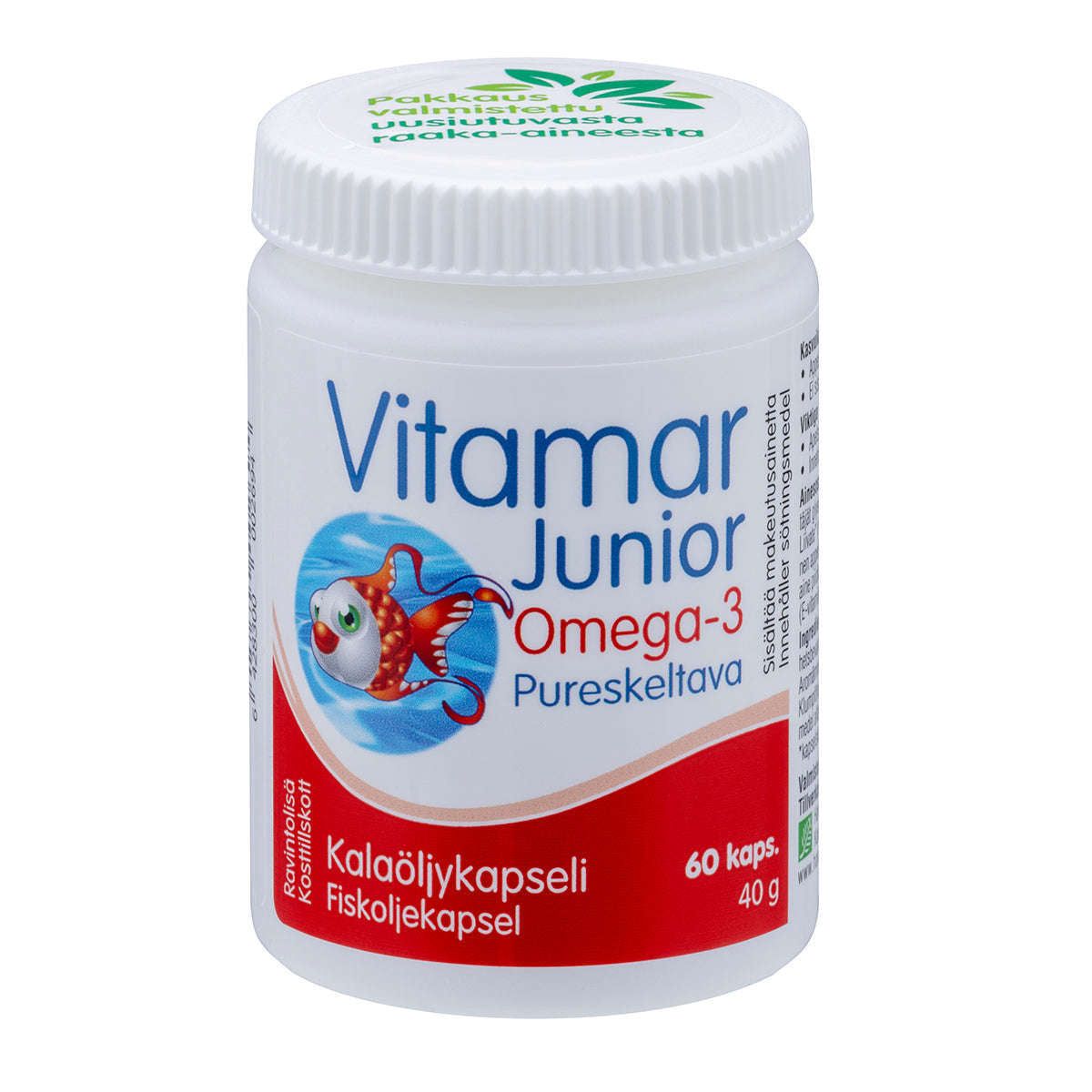 Vitamar Junior Omega-3 -pullo, valkoinen mattamuovi, valkoinen kierrekorkki; leikkisä lihavoitu teksti ja iso sarjakuvakala, 60 pureskeltavaa kalaöljykapselia, teksti suomeksi ja ruotsiksi