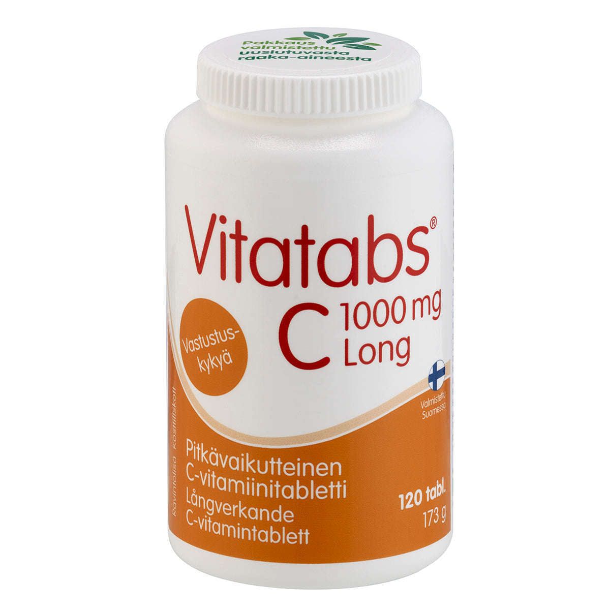 Vitatabs C 1000 mg Long -pullo, valkoinen mattamuovi, oranssit korostukset; teksti suomeksi ja ruotsiksi, pieni Suomen lippu -symboli, korkea-annoksinen C-vitamiini, 120 tablettia