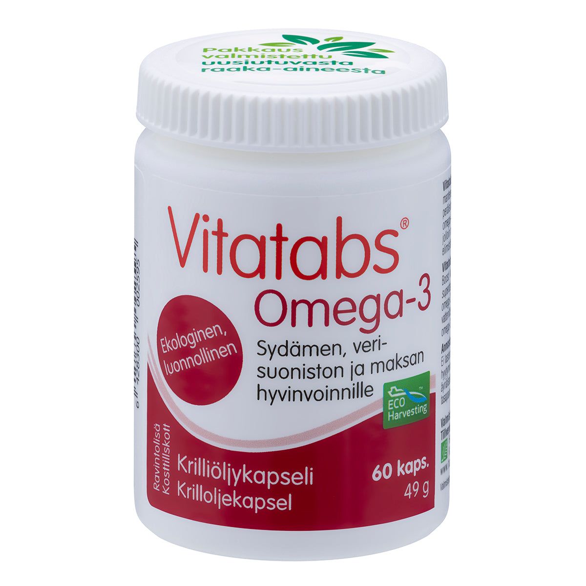 Vitatabs Omega-3 (krilliöljy) -pullo, valkoinen mattamuovi, pyöristetyt reunat, valkoinen kierrekorkki; punais-valkoinen etiketti suomeksi, lihavoitu groteskiteksti, ekomerkkejä