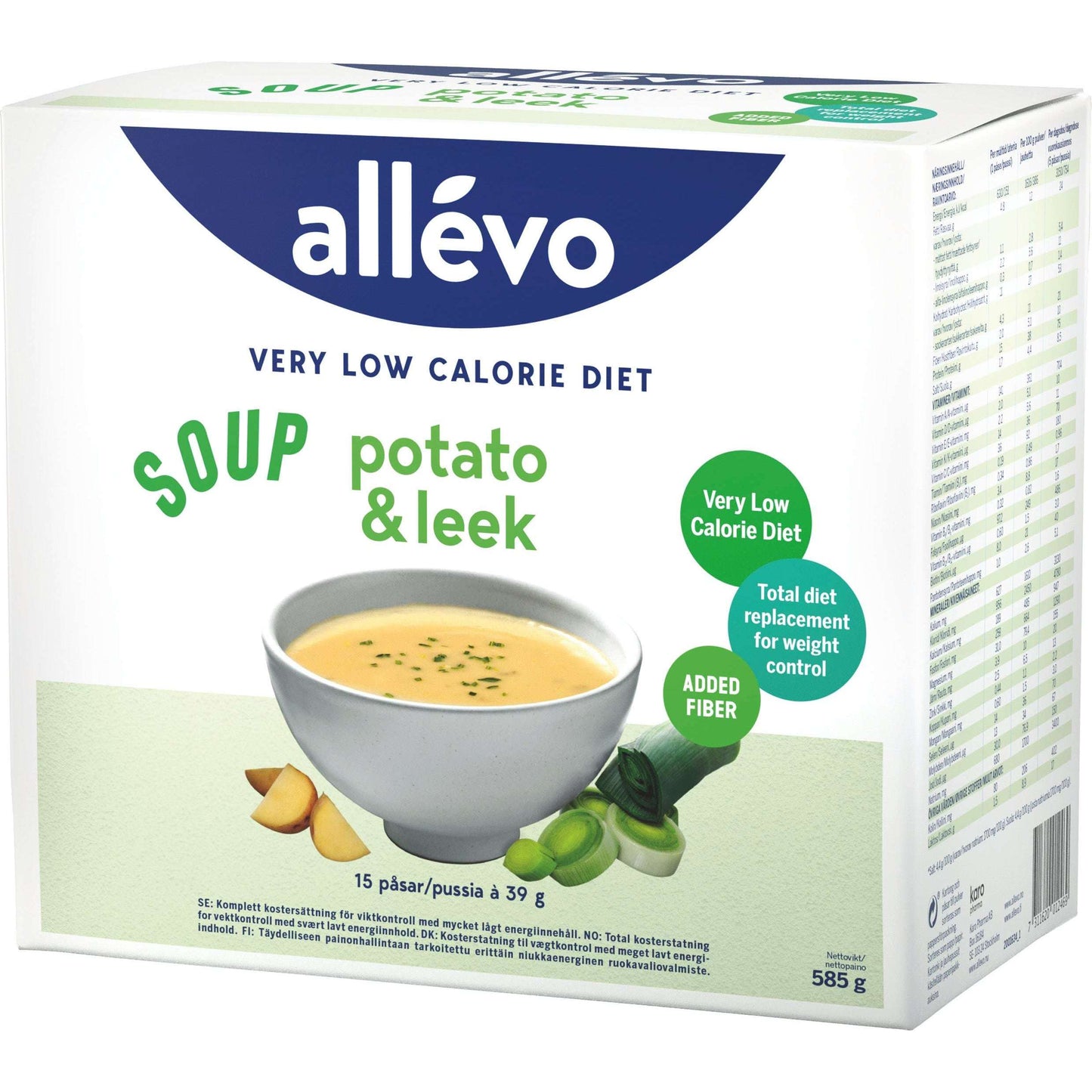 Allevo VLCD Keitto Peruna & Purjo; laatikko Allévo Very Low Calorie Diet -keittoa perunan ja purjon maussa, kuvituksena keittokulho, perunoita ja purjoja etupuolella; laatikko suorakulmainen mattapinnalla, tuotetiedot selkeällä groteskitekstillä; etikettiteksti mainitsee lisätyn kuidun ja täydellisen ateriankorvaajan; pelkistetty valkoinen tausta, ei ihmisiä tai käsiä kuvassa.