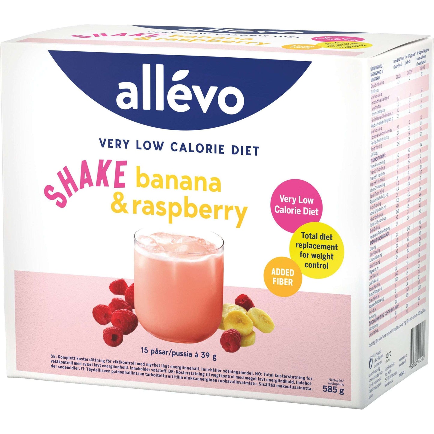Allevo VLCD Shake Banaani & Vadelma; laatikko Allévo Shake banaani & vadelma -ateriankorvikejuomaa lisätyllä kuidulla tehokkaaseen painonhallintaan; suorakulmainen laatikko pääosin valkoinen pinkein ja violettein tehostein, osin kiiltäväpintainen; etupuolella kirkas lasi täynnä pinkkiä juomaa kokonaisten banaanien ja vadelmien vieressä; lihavoitu groteskityyppografia näyttää brändi- ja tuotetiedot tummin värein; pakkaus pelkistetyllä vaalealla taustalla.