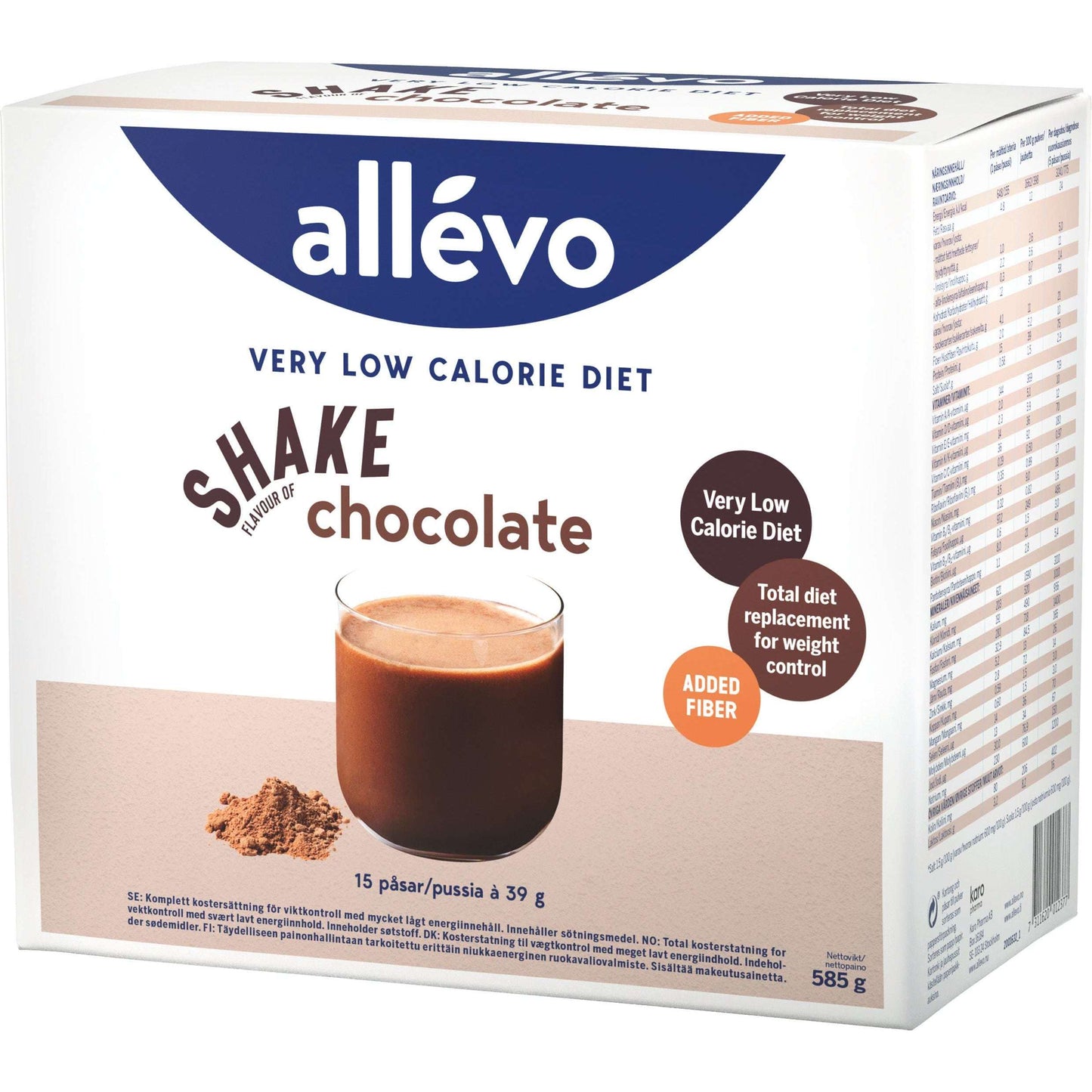Allevo VLCD Shake Suklaa; laatikko Allévo Very Low Calorie Diet -suklaajuomajauhetta, kuvituksena lasillinen täyteläistä suklaajuomaa ja jauhetta, teksti korostaa lisättyä kuitua ja soveltuvuutta painonhallintaan; pakkaus suorakulmainen ruskeasävyinen valkoisin ja kultaisin groteskitekstein; tuote kuvattu pelkistetyllä vaalealla taustalla, ei ihmisiä tai käsiä kuvassa.