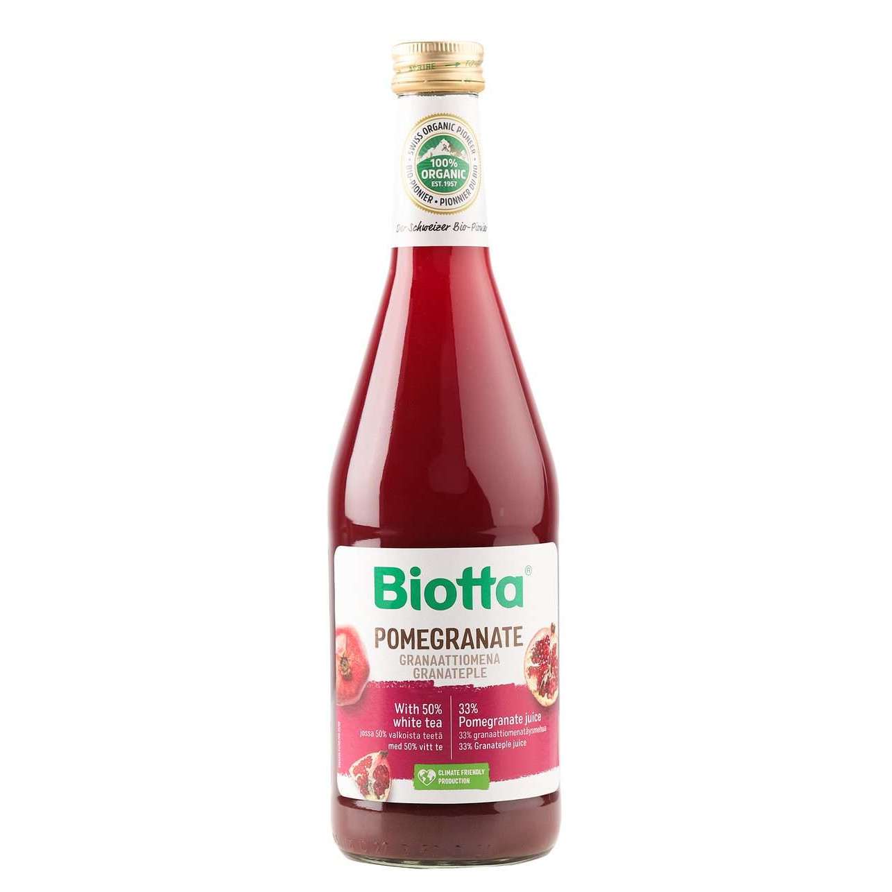 Biotta Luomu Granaattiomenajuoma 3-pack; yksittäinen, korkea ja kapeneva lasipullo tummanpunaista mehua, valkoinen-vaaleanpunainen etiketti kertoo luomusertifioinnista ja luonnonmukaisista ainesosista; lihavoitu musta groteskiteksti sekä pienempää valkoista ja vaaleanpunaista tekstiä; valkoinen tausta.