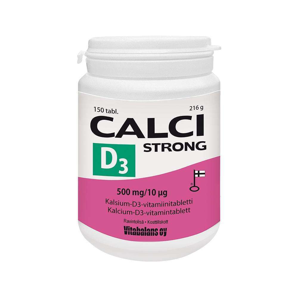 Calci Strong + D3 -kalsium- ja D3-vitamiinivalmiste; valkoinen pullo vaaleanpunaisella osiolla, sisältää 150 tablettia; Suomen lippua kuvaava merkki korostaa suomalaista alkuperää; brändinimi Vitabalans Oy pullon alaosassa; mattapintainen muovipullo, sylinterinmuotoinen, groteskikirjasin; neutraali tausta ilman ihmisiä tai käsiä, tavanomainen tuotekuva.