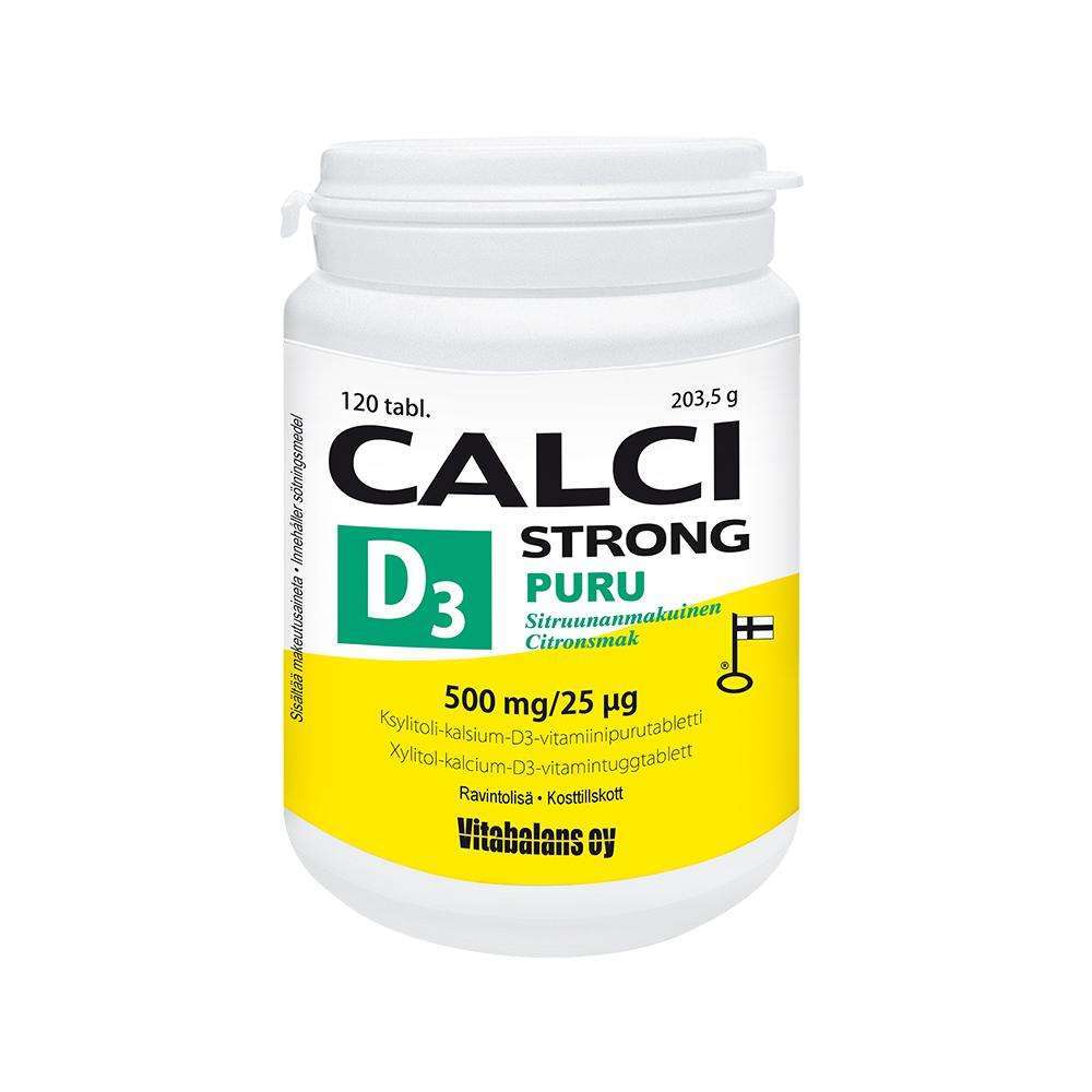 Calci Strong + D3 puru -purutabletit; valkoinen muovipullo sylinterinmuotoisena, tasainen valkoinen kierrekorkki, mattapintainen; keltainen ja valkoinen etiketti kiertää pullon ympäri vihrein tehostein ja lihavoidulla suomenkielisellä groteskitekstillä; luettavassa tekstissä "CALCI STRONG D3 PURU", 120 tablettia, maininta D3-vitamiinista, kalsiumista ja ksylitolista; vaalea tausta ilman ihmisiä tai käsiä.