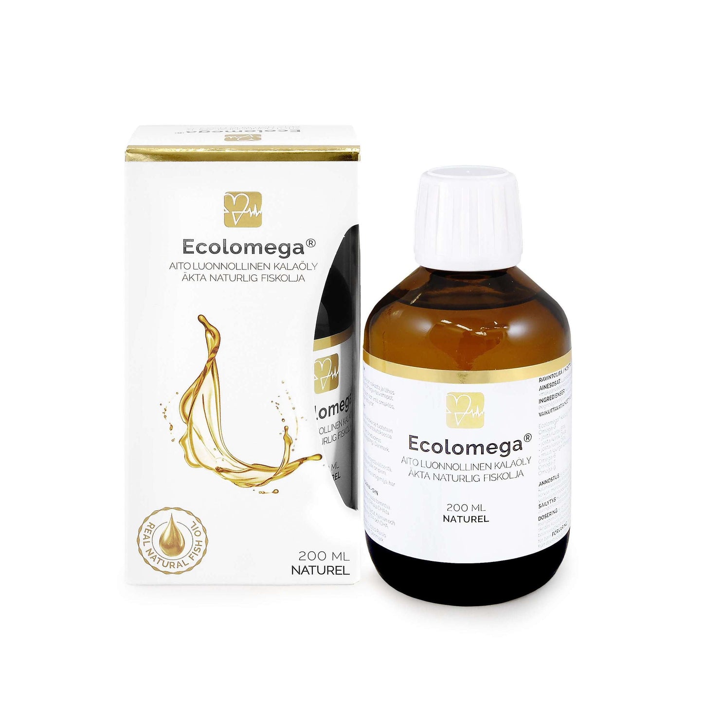 Ecolomega Nestemäinen Kalaöljy - Natural, 200 ml; pullo ja pakkaus valkoisina kultaisin metallisin yksityiskohdin; molemmissa omega-symboli ja tyylitelty kalaöljyroiskekuva; pullo sylinterinmuotoinen valkoisella korkilla ja kiiltäväpintainen; brändinimi ja tuotetiedot groteskikirjasimella; pakkaus näyttää avaamattomalta neutraalilla taustalla.