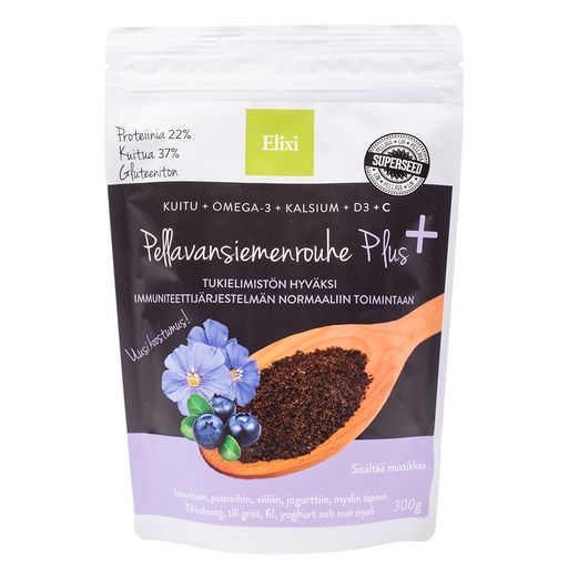 Elixi Pellavansiemenrouhe Plus; pakkaus Elixi-merkkiselle pellavansiemenrouheelle, etusivulla puinen lusikka pellavansiemeniä, mustikoita ja violetti kukka pitelemässä; pakkaus pystyssä ja suorakulmainen, pääosin vaaleanruskea ja violetti mattapinnalla; etiketissä lihavoitu suomenkielinen groteskityyppografia ravitsemushyödyistä ja ainesosista; valkoinen tausta, ei ihmisiä tai käsiä.
