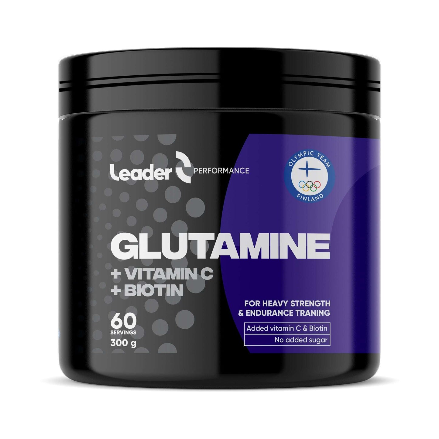 Leader Performance Glutamine; musta purkki Leader Performance Glutamine -ravintolisää C-vitamiinilla ja biotiinilla, 60 annosta, 300 g; sylinterinmuotoinen muovipurkki mattapinnalla ja ruuvikannella; etiketti lihavoitua valkoista ja keltaista tekstiä mustalla pohjalla; keskeiset ominaisuudet tukevat raskasta voima- ja kestävyysharjoittelua, lisätyt vitamiinit, ei lisättyä sokeria ja parantunut suorituskyky; pelkistetty tausta, ei ihmisiä kuvassa.