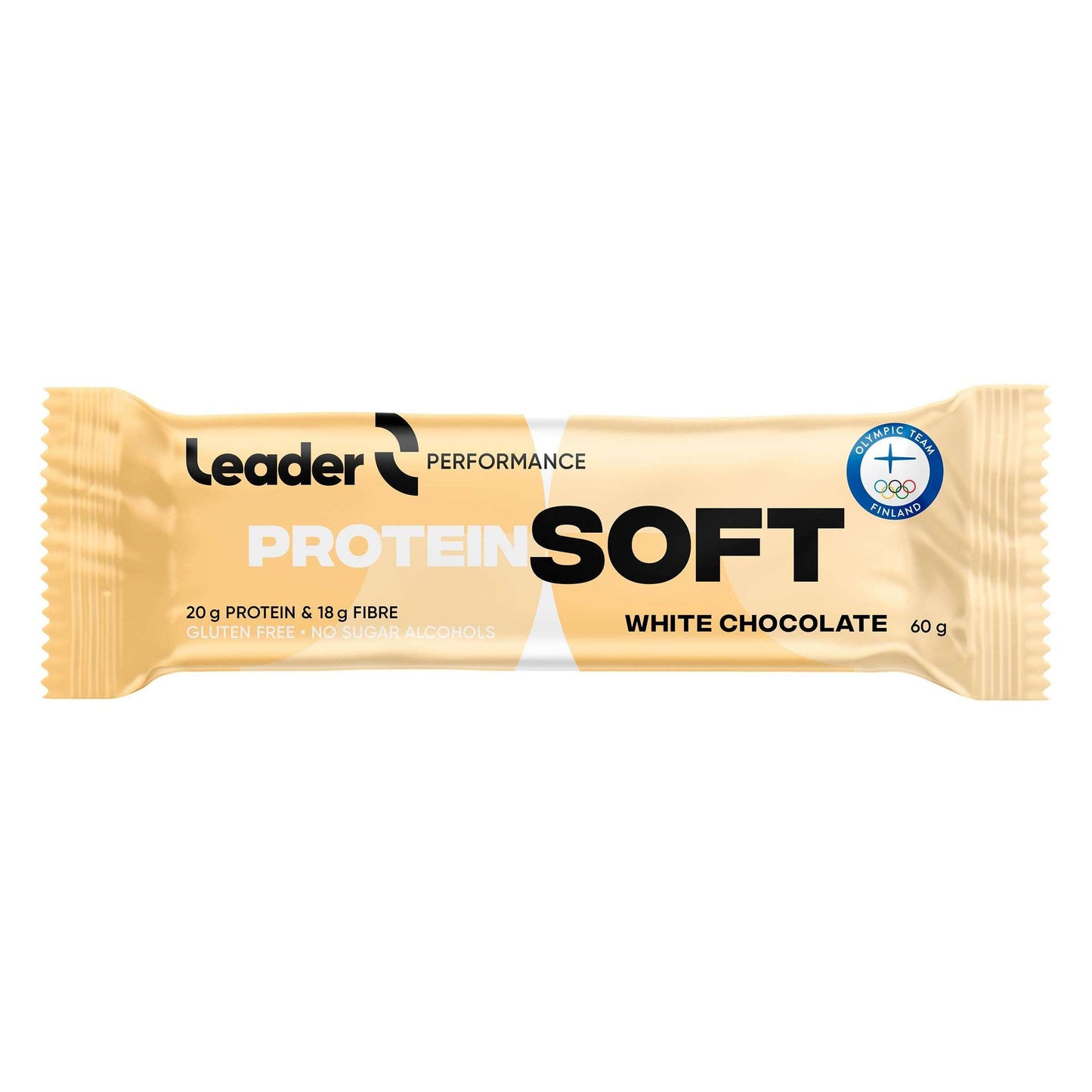 Leader Performance Protein Soft Valkosuklaa; beige ja valkoinen proteiinipatukan käärepaperi tekstillä "Leader Performance Protein Soft White Chocolate, 60 g"; pakkaus korostaa 20 g proteiinia, 18 g kuitua, gluteenittomuutta, ei sokerialkoholeja, sekä sinistä sertifiointimerkkiä; mattapintainen lihavoitu groteskiteksti mustin ja kultaisin sävyin; suorakulmainen rypytetyin reunoin; lähikuva vaalealla taustalla, ei ihmisiä kuvassa.