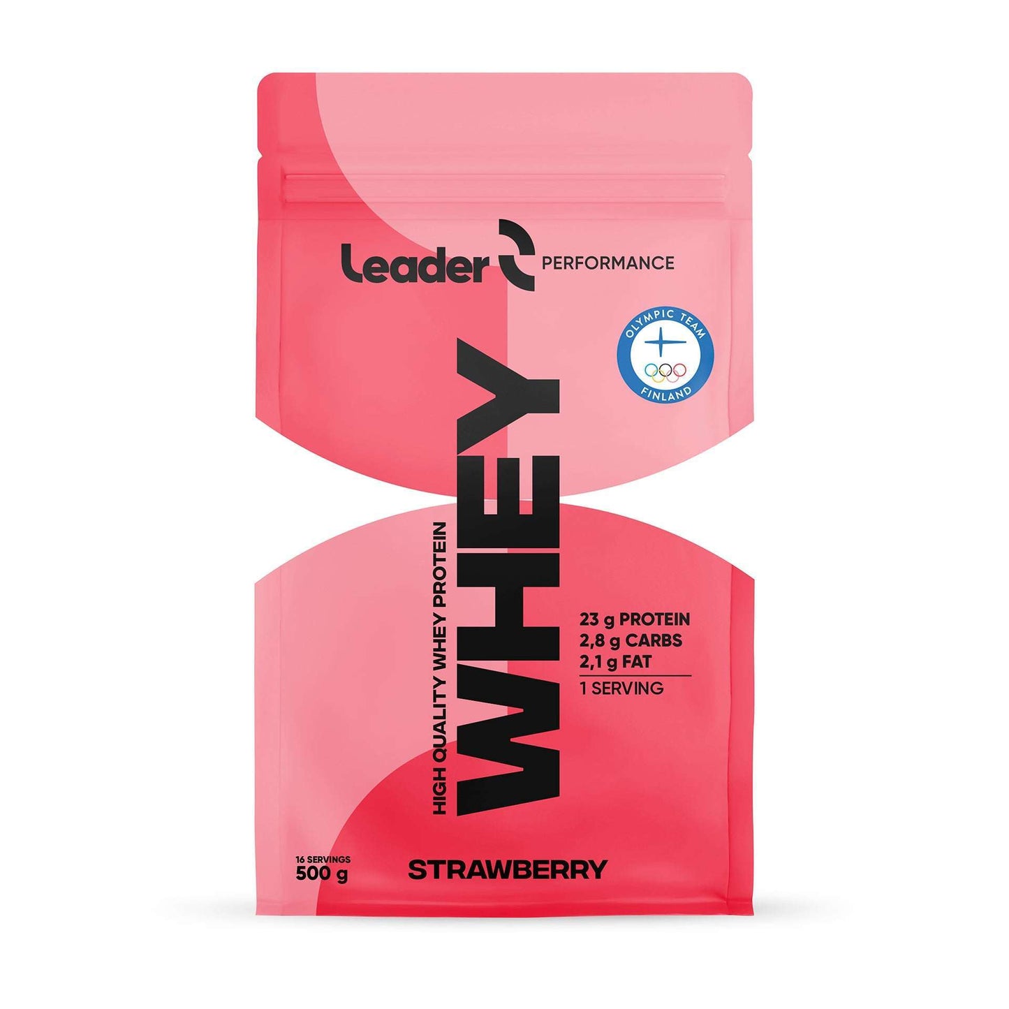Leader Performance Heraproteiini Mansikka, 500 g; vaaleanpunainen pussi pystyssä, materiaali kiiltäväpintainen, uudelleensuljettava yläosa ja pyöristetyt kulmat; etupuolella lihavoitu valkoinen ja tumma groteskiteksti tuote- ja ravintotiedoista; annosta kohden 23 g proteiinia, 2,8 g hiilihydraatteja ja 2,1 g rasvaa; vaalea tausta, ei ihmisiä tai rekvisiittaa.