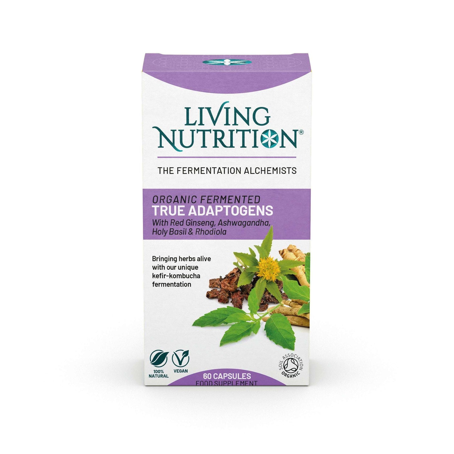 Living Nutrition True Adaptogens; laatikko Living Nutrition Organic Fermented True Adaptogens -kapseleita, etupuolella eloisia kuvia yrteistä ja juurista; suorakulmainen pahvilaatikko mattapintaisena ja valkoisella taustalla, vihrein, oranssein ja keltaisin painetuin kuvituksin; pakkauksessa vegaani- ja luomusertifiointimerkit, luettavat ainesosanimet ginseng ja ashwagandha; ei ihmisiä tai käsiä kuvassa, tuote eristettynä pelkistetylle taustalle; groteskityyppografiaa brändinimelle ja tuotetiedoille.