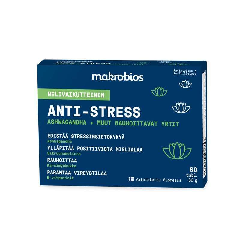 Makrobios Anti-Stress; sininen laatikko Makrobios Anti-Stress -tabletteja, suomenkielinen teksti stressin lievityksestä, positiivisesta mielialasta ja elinvoimasta; sisältää ashwagandhaa ja rauhoittavia yrttejä rentoutumisen tueksi; pakkaus näyttää 60 tablettia ja lootuskukkakuvitusta; laatikko suorakulmainen mattapintaisena; valkoinen groteskiteksti pääosassa tuotetiedoista; ei ihmisiä tai käsiä kuvassa, vaalea tausta.