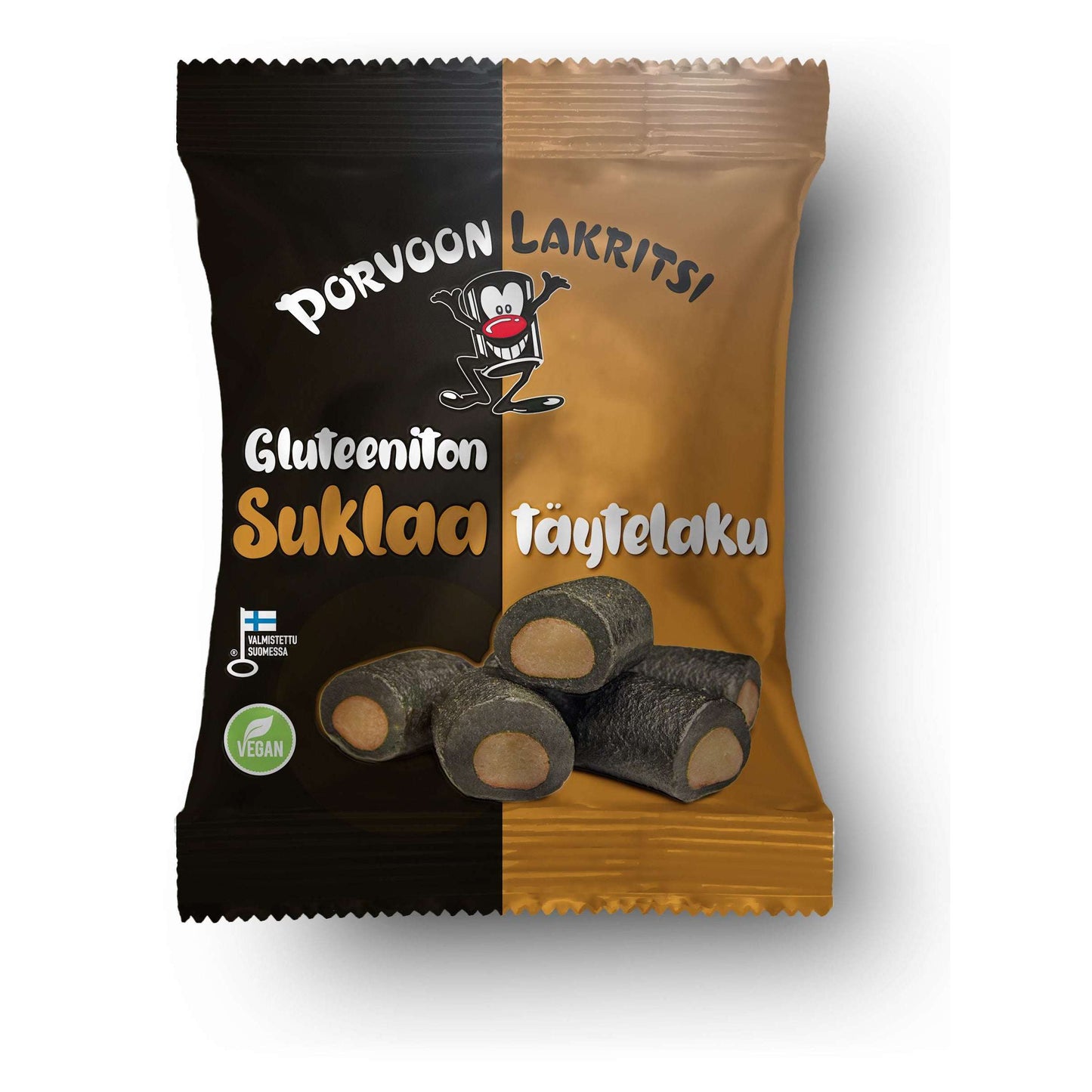 Porvoon Lakritsi gluteeniton suklaalaku; suorakulmainen, kiiltäväpintainen muovipussi musta-ruskein värilohkoin, etusivulla kuvitettu maskotti ja kuvia suklaatäytteisistä lakritsipaloista; suuri valkoinen groteskiteksti tuotenimestä sekä maininta gluteenittomuudesta; neutraali tausta.